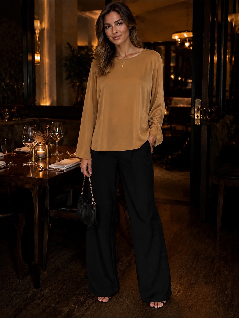 VINCE 100% Silk Golden Camel Pleated Long Sleeve Blouse Luxury Women’s Size L